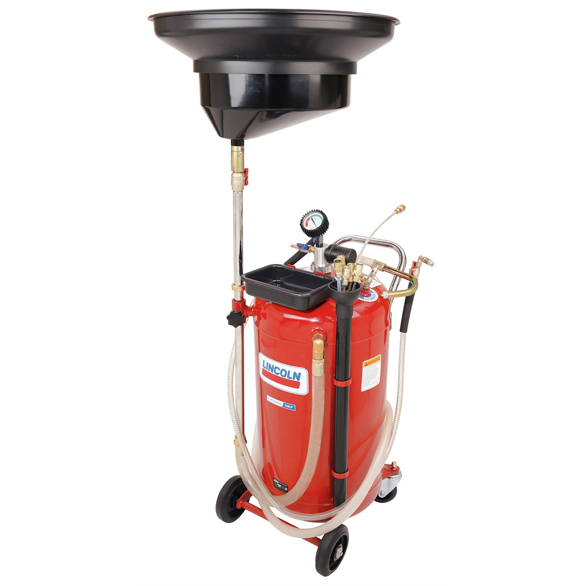 Lincoln Lubrication Fluid Drain and Evacuator Tank Combo — 25 Gal., Adjustable Funnel Height 51in.–76in., Safety Valve, 7ft. Discharge Hose, 6.5ft. Evacuation Hose, 6 Evacuation Wands, Model# LIN3639